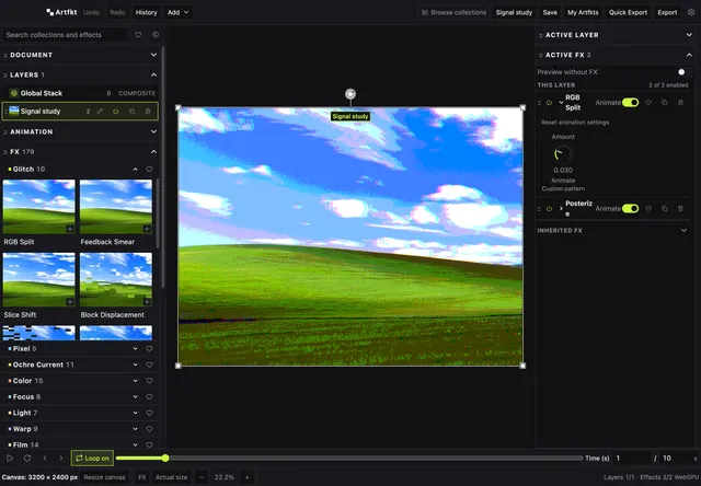 Artfkt desktop workspace showing a landscape with an RGB Split and Posterize effect stack.